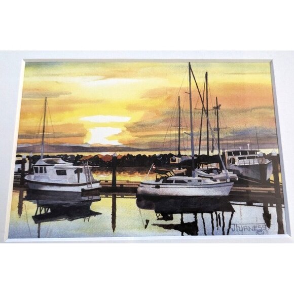 Sunset At The Marina Watercolor Print Framed Signed JFurness Wall Mount 6.5*4.5" - Picture 1 of 7